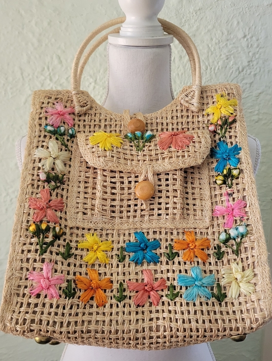 Handbags - Vintage Woven Straw Raffia Bag Embroidered Floral Tyler Made In Phillipines